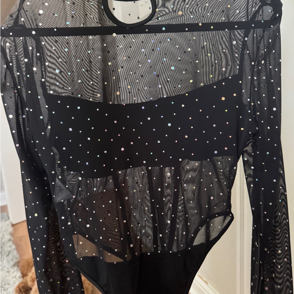 SHEIN Black Mesh Bodysuit with Rhinestones